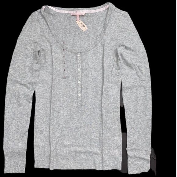 Victorias Secret Soft Metallic Henley Pajama top long sleeve light gray Large - Picture 5 of 5